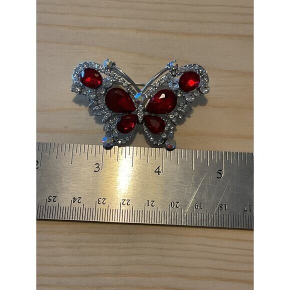Butterfly Brooch Pin With Red Rhinestones & Silver Accents - Picture 2 of 4